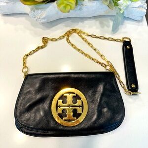 Tory Burch Black Leather Bag with Gold Accents